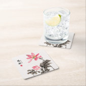 Chinoiserie Freehand Waterverf Floral Lotus Squar Vierkante Kartonnen Onderzetter (Insitu)