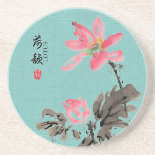 Chinoiserie Freehand Waterverf Floral Lotus Zandsteen Onderzetter