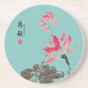 Chinoiserie Freehand Waterverf Lotus Flower Green Zandsteen Onderzetter