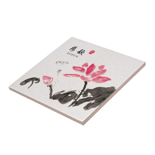 Chinoiserie Freehand Waterverf Lotus Flowers Cera Tegeltje (Zijkant)