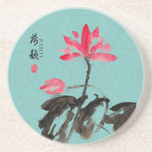 Chinoiserie Freehand Waterverf Lotus Flowers Zandsteen Onderzetter