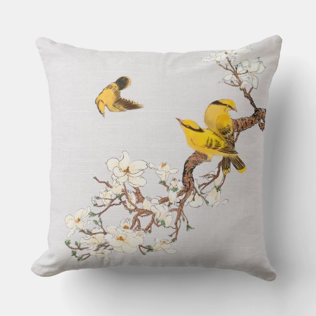  Chinoiserie Gele Vogels Witte Bloemen Kussen (Voorkant)