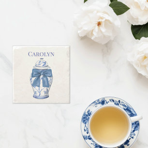 Chinoiserie-gemberpot met blauwe strik stenen onderzetter