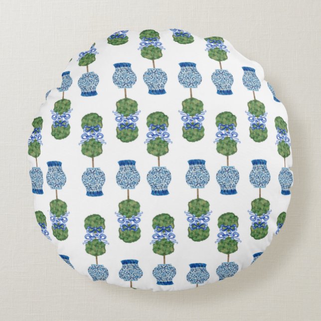Chinoiserie Ginger Jar Jars Topiary Basket Throw P Rond Kussen (Voorkant)