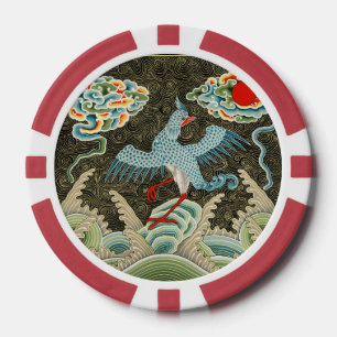Chinoiserie Gouden Kraanvogel & Zee Golfpatroon Poker Chips