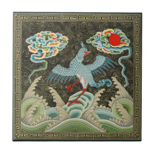 Chinoiserie Gouden Kraanvogel & Zee Golfpatroon Tegeltje