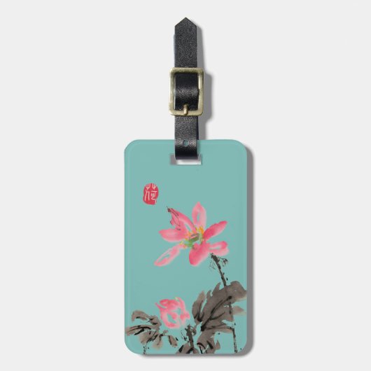 Chinoiserie Green Freehand Waterverf Lotus Flower Bagagelabel (Voorkant verticaal)