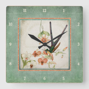 Chinoiserie  Hummingbird's in Flowers Coral Vierkante Klok