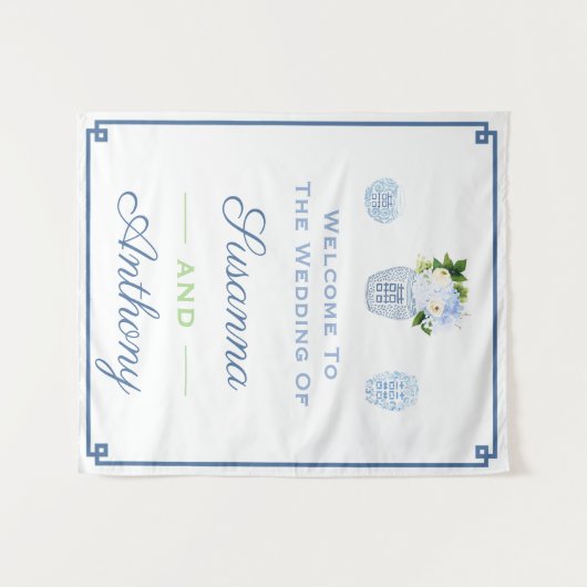 Chinoiserie Huwelijks Welkom Virtuele Achtergrond Wandkleed (Voorkant (horizontaal))