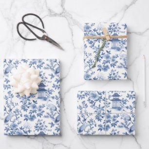 Chinoiserie Inpakpapier, Blauw Bloem Motief Cadeau Inpakpapier Vel
