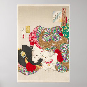 Chinoiserie Japanse Dame & Kat Kimono Kunst Poster