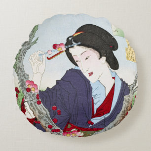 Chinoiserie Japanse Dame & Rode Kersenbloesem Rond Kussen