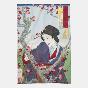 Chinoiserie Japanse Dame & Rode Kersenbloesem Theedoek
