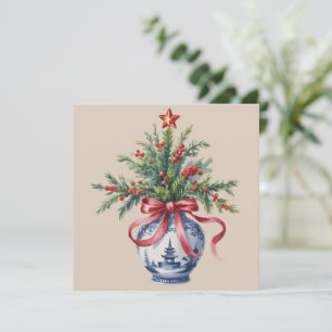 Chinoiserie Kerstboom Rood Lint Vaas Vintage Feestdagenkaart