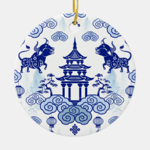 Chinoiserie-kerstsierBull en Pagoda Keramisch Ornament