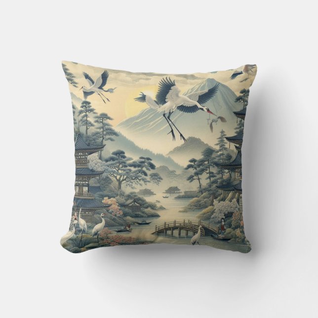 Chinoiserie kraan vogel pagode landschap patroon kussen (Voorkant)