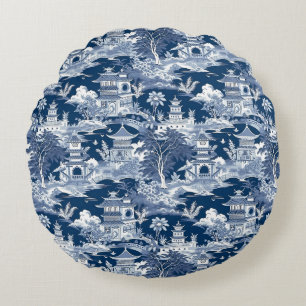 Chinoiserie Landschap Schilderij Blauw Wit Rond Kussen