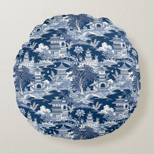 Chinoiserie Landschap Schilderij Blauw Wit Rond Kussen (Voorkant)