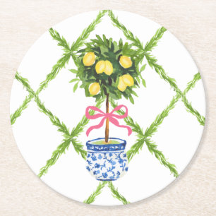 Chinoiserie Lemon Topiary Groene en Witte Bloemen Ronde Kartonnen Onderzetter