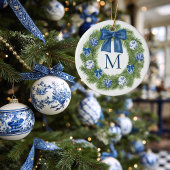 Chinoiserie Monogrammed Krans Kerstmis Keramisch Ornament