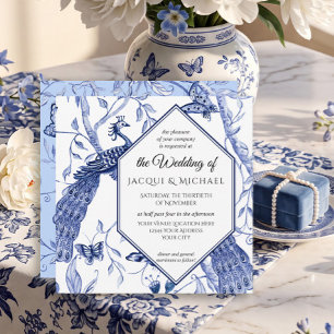 Chinoiserie Navy Blauwe Pauw Vlinder Hexagoon Kaart