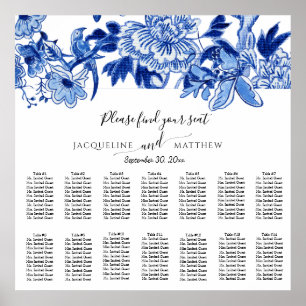 Chinoiserie Navy Blue White Floral Seating Chart Poster