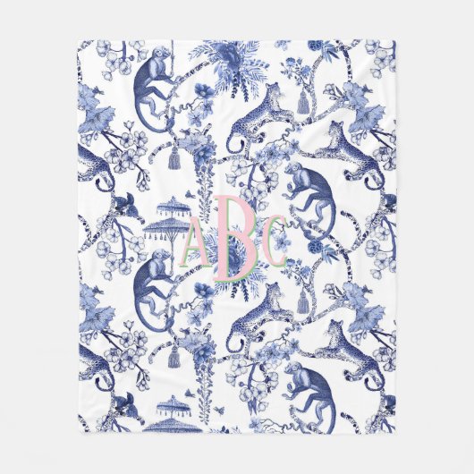 Chinoiserie Oerwoud Toile | Blauw-wit monogram Fleece Deken (Voorkant)