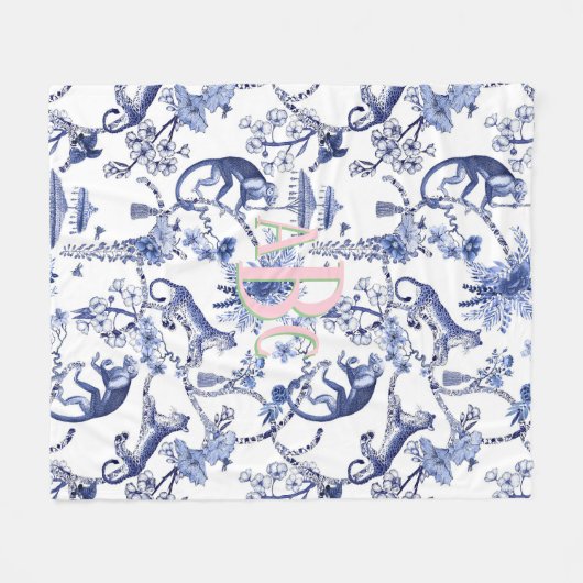 Chinoiserie Oerwoud Toile | Blauw-wit monogram Fleece Deken (Voorkant (Horizontaal))