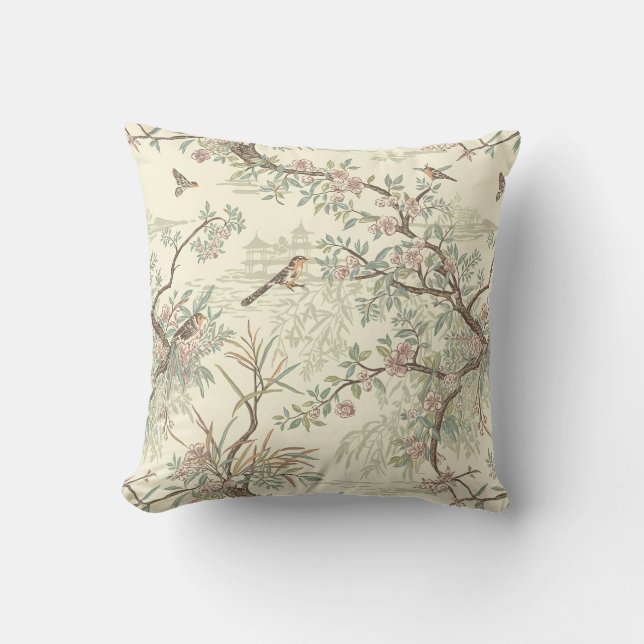 Chinoiserie Oiseaux & Fleurs Lancer Oreiller (Recto)