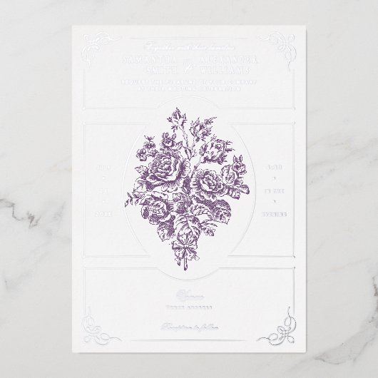 Chinoiserie Paarse Rozen Boeket Victoriaans bruilo Folie Uitnodiging (Voorkant)