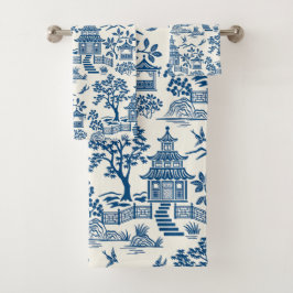Chinoiserie Pagoda Blauw op Wit Bad Handdoek