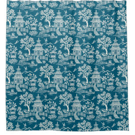 Chinoiserie Pagoda Blauwgroen Douchegordijn