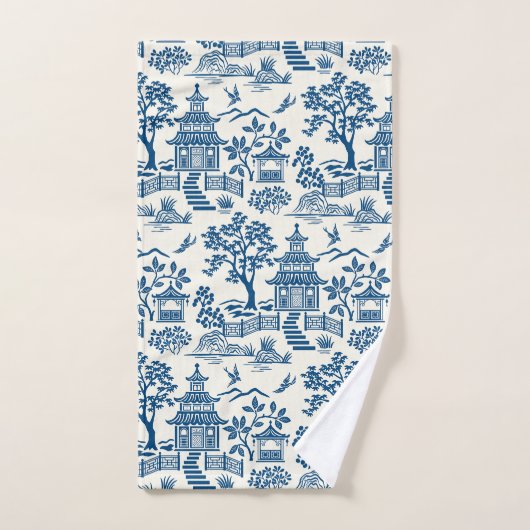 Chinoiserie Pagode Bleu sur Blanc (Serviette à main)