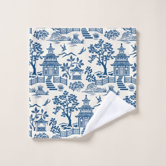 Chinoiserie Pagode Bleu sur Blanc (Gant de toilette)