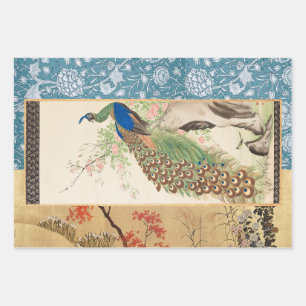 Chinoiserie Peacock met Dusty Roos en Faded Blue Inpakpapier Vel