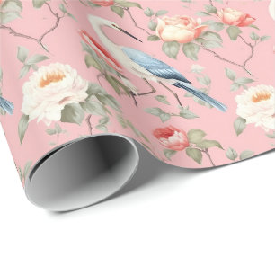 Chinoiserie Pink Floral Egret Cadeaupapier