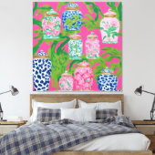 Chinoiserie potten en bananenbladeren op hete roze canvas afdruk (Insitu (Slaapkamer))
