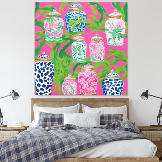 Chinoiserie potten en bananenbladeren op hete roze canvas afdruk (Insitu (Slaapkamer))