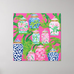 Chinoiserie potten en bananenbladeren op hete roze canvas afdruk