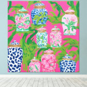 Chinoiserie potten en palmbladeren op hete roze canvas afdruk (Insitu (Houten vloer))