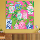 Chinoiserie potten en palmbladeren op hete roze canvas afdruk (Insitu (Woonkamer))