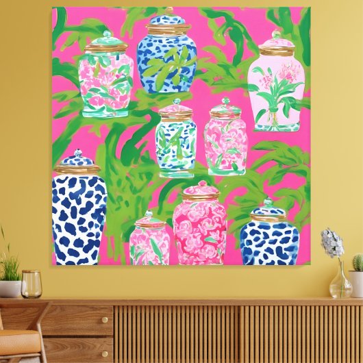 Chinoiserie potten en palmbladeren op hete roze canvas afdruk (Insitu (Woonkamer))