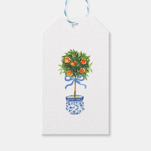 Chinoiserie Pottery Oranje Topiary Tree Blue Cadeaulabel (Voorkant)