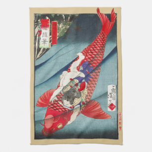 Chinoiserie Rode Koi Karper & Heldhaftige Jongen P Theedoek