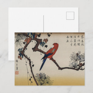 Chinoiserie Rode Papegaai & Zen Dennehout Blokdruk Briefkaart