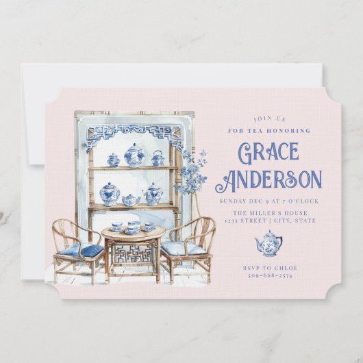 Chinoiserie rose et bleu Bamboo Thé Invitation (Devant)