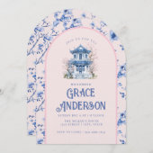 Chinoiserie rose et bleu Pagoda Tea Invitation (Devant / Derrière)