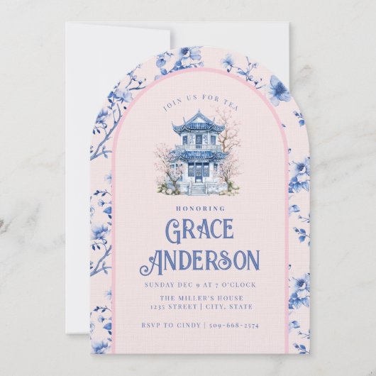 Chinoiserie rose et bleu Pagoda Tea Invitation (Devant)