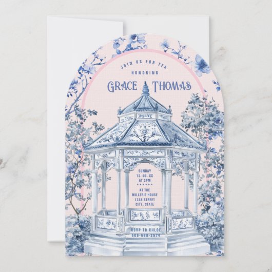 Chinoiserie rose et bleu Pagoda Tea Invitation (Devant)
