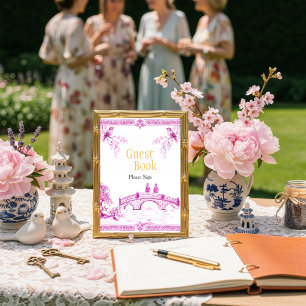 Chinoiserie Roze Gastboek Bruidsfeest Bord Kaart